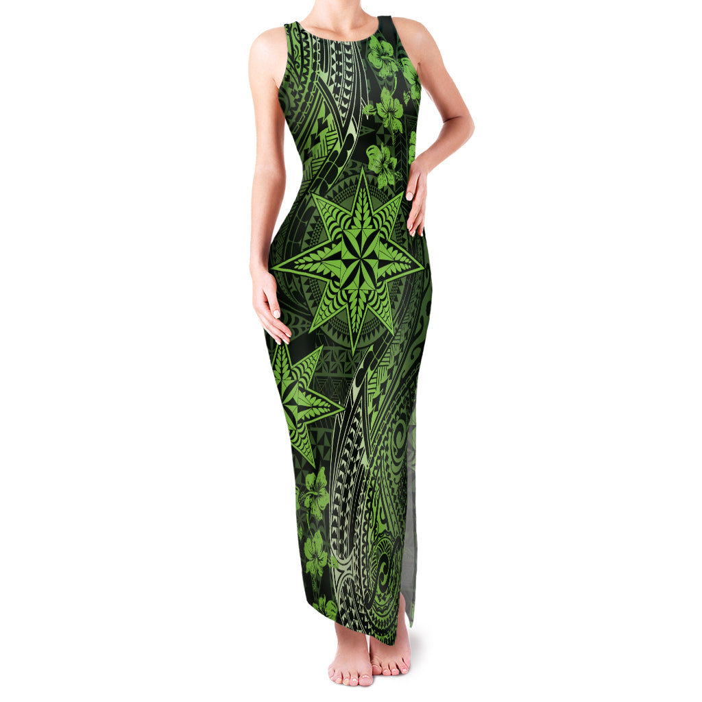 Vintage Tonga Tribal Ngatu Pattern Family Matching Tank Maxi Dress and Hawaiian Shirt With Pacific Floral Lime Green Art LT9 Mom's Dress Lime Green - Polynesian Pride