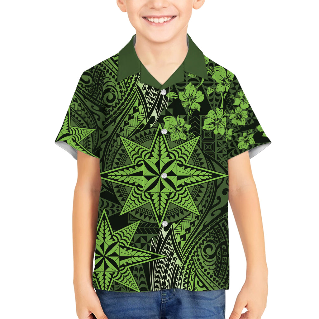 Vintage Tonga Tribal Ngatu Pattern Family Matching Tank Maxi Dress and Hawaiian Shirt With Pacific Floral Lime Green Art LT9 Son's Shirt Lime Green - Polynesian Pride