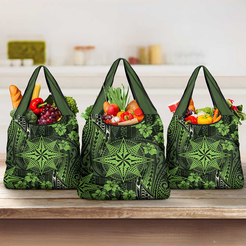 Vintage Tonga Tribal Ngatu Pattern Grocery Bag With Pacific Floral Lime Green Art