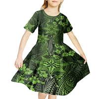 Vintage Tonga Tribal Ngatu Pattern Kid Short Sleeve Dress With Pacific Floral Lime Green Art
