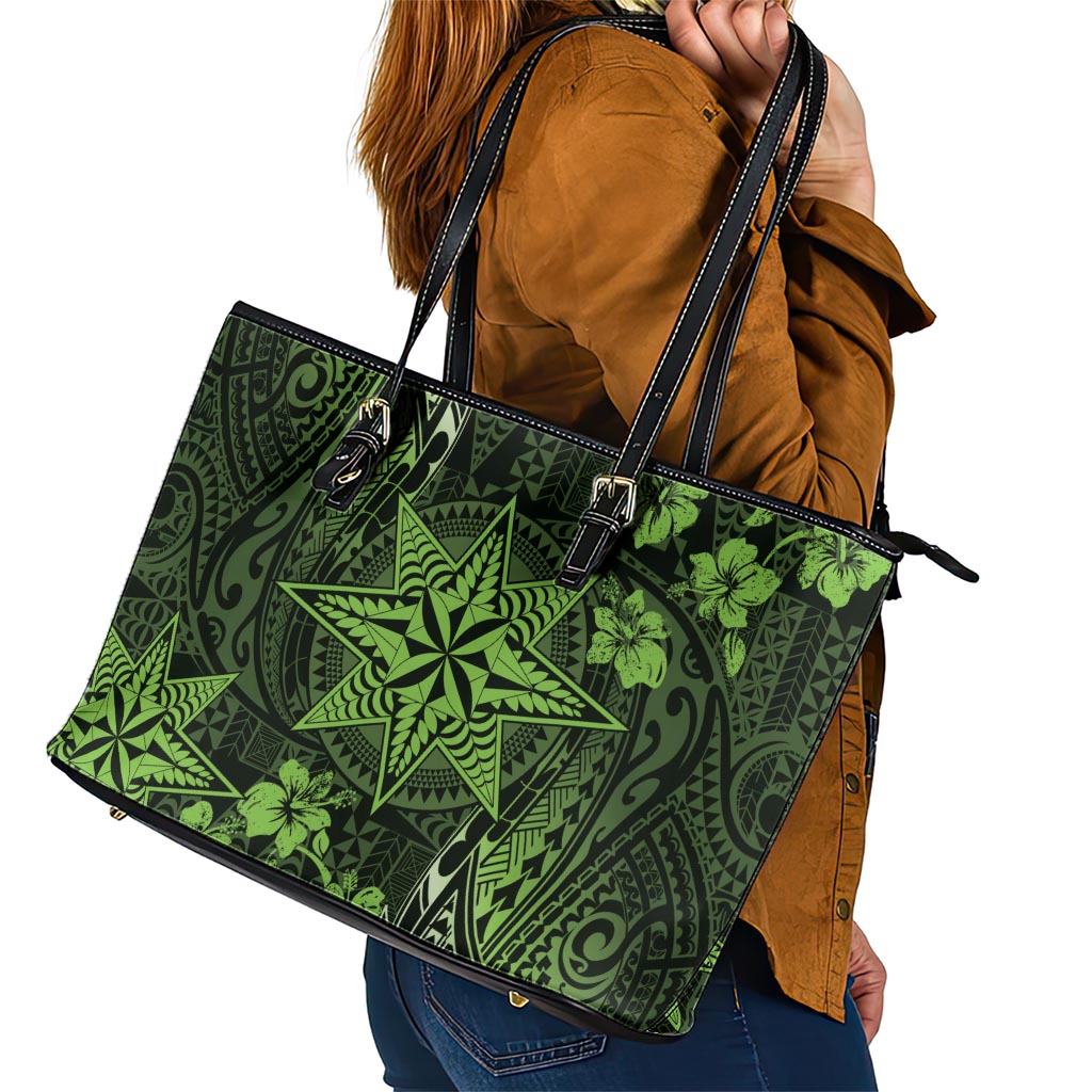 Vintage Tonga Tribal Ngatu Pattern Leather Tote Bag With Pacific Floral Lime Green Art