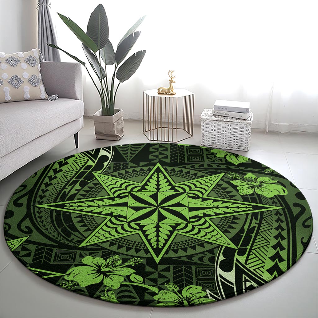 Vintage Tonga Tribal Ngatu Pattern Round Carpet With Pacific Floral Lime Green Art