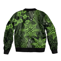 Vintage Tonga Tribal Ngatu Pattern Sleeve Zip Bomber Jacket With Pacific Floral Lime Green Art