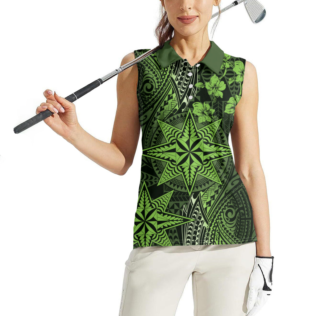Vintage Tonga Tribal Ngatu Pattern Women Sleeveless Polo Shirt With Pacific Floral Lime Green Art