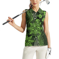 Vintage Tonga Tribal Ngatu Pattern Women Sleeveless Polo Shirt With Pacific Floral Lime Green Art