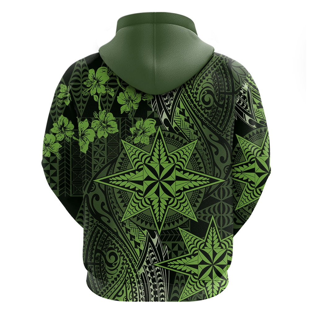 Vintage Tonga Tribal Ngatu Pattern Zip Hoodie With Pacific Floral Lime Green Art