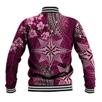 Vintage Tonga Tribal Ngatu Pattern Baseball Jacket With Pacific Floral Pink Art