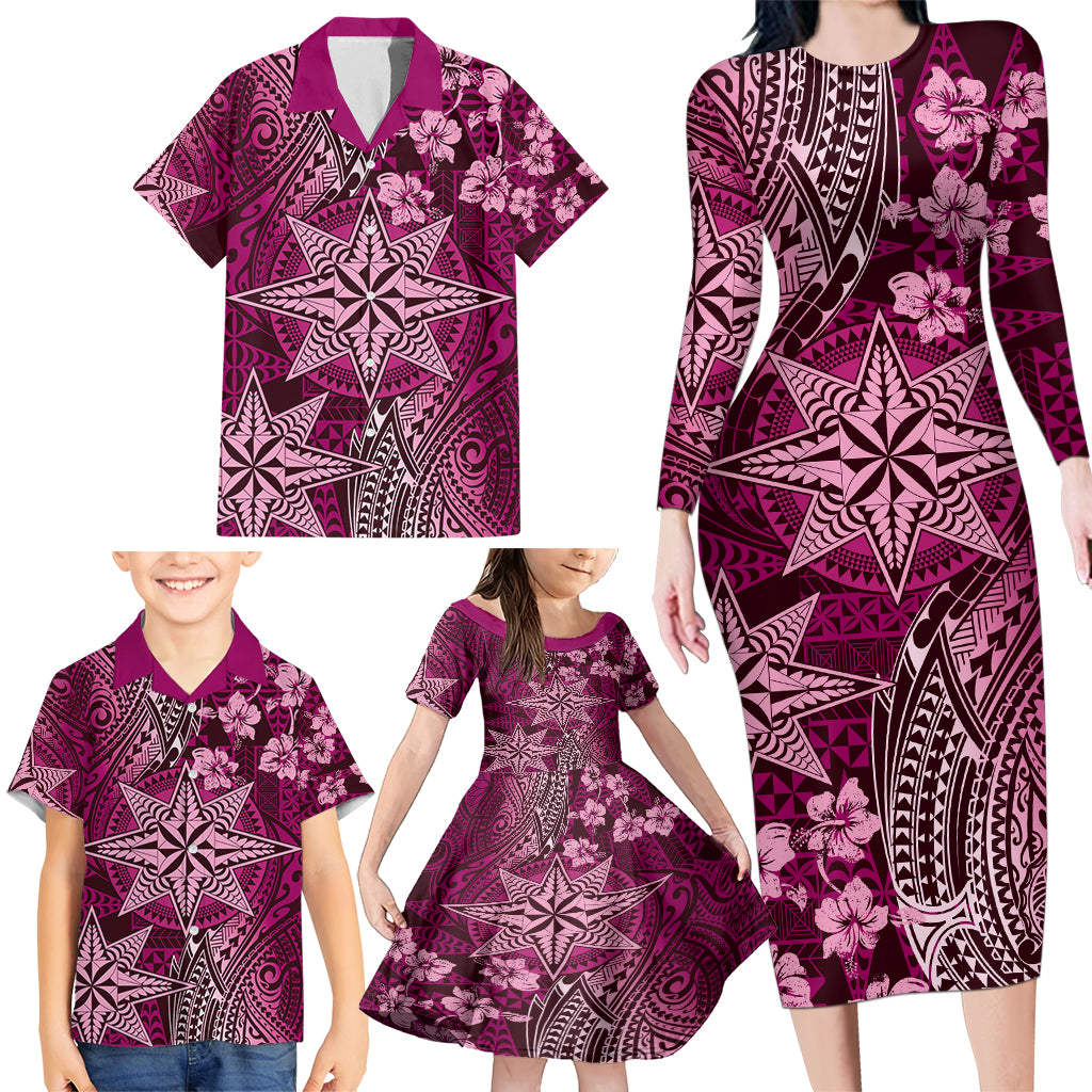 Vintage Tonga Tribal Ngatu Pattern Family Matching Long Sleeve Bodycon Dress and Hawaiian Shirt With Pacific Floral Pink Art LT9 - Polynesian Pride