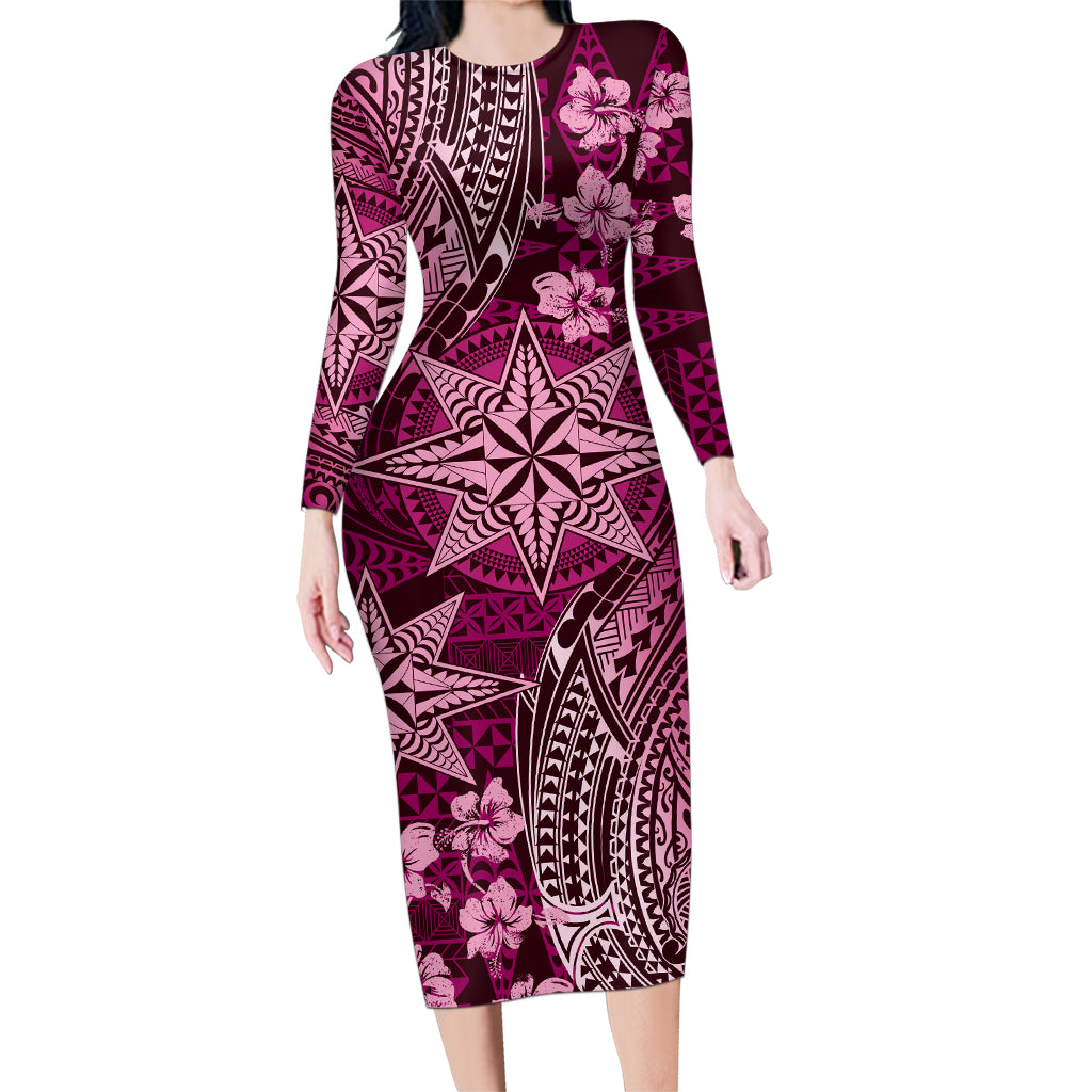Vintage Tonga Tribal Ngatu Pattern Family Matching Long Sleeve Bodycon Dress and Hawaiian Shirt With Pacific Floral Pink Art LT9 Mom's Dress Pink - Polynesian Pride