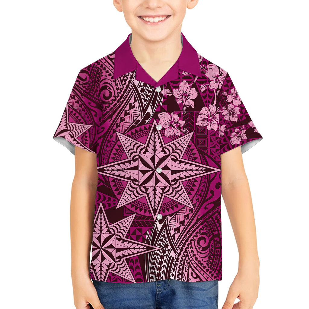 Vintage Tonga Tribal Ngatu Pattern Family Matching Long Sleeve Bodycon Dress and Hawaiian Shirt With Pacific Floral Pink Art LT9 Son's Shirt Pink - Polynesian Pride