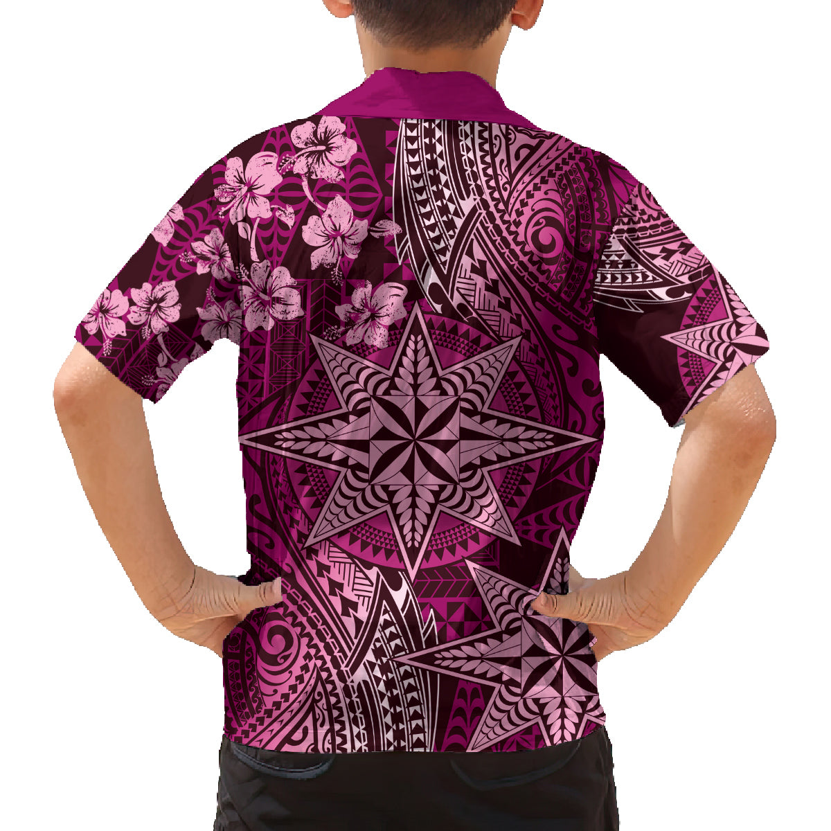 Vintage Tonga Tribal Ngatu Pattern Family Matching Off The Shoulder Long Sleeve Dress and Hawaiian Shirt With Pacific Floral Pink Art LT9 - Polynesian Pride