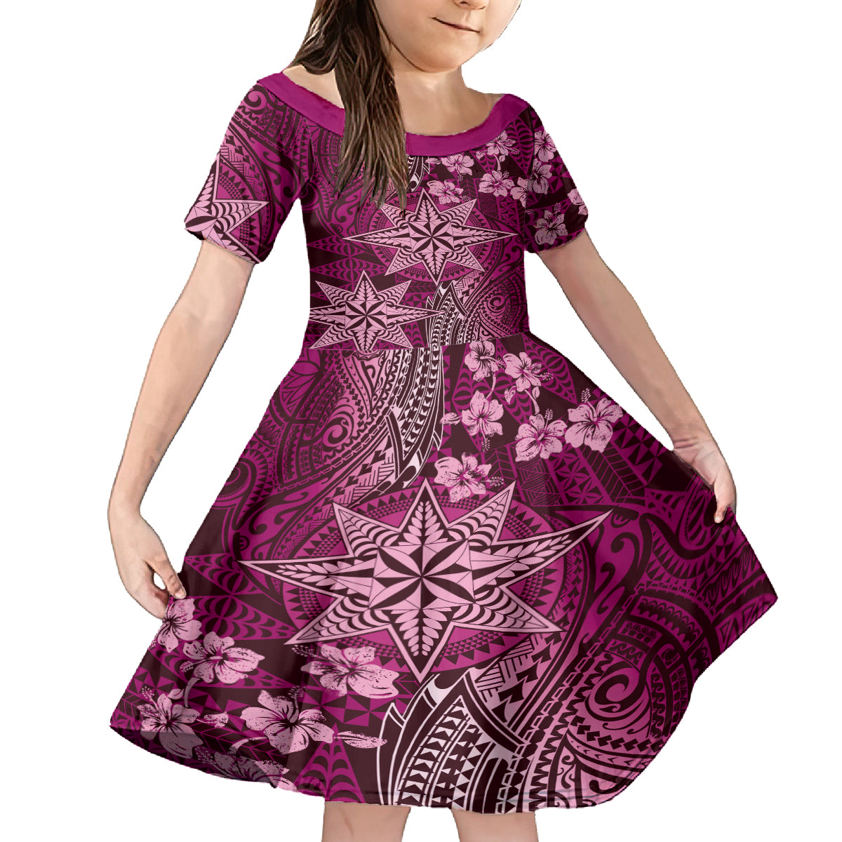 Vintage Tonga Tribal Ngatu Pattern Family Matching Off The Shoulder Long Sleeve Dress and Hawaiian Shirt With Pacific Floral Pink Art LT9 Daughter's Dress Pink - Polynesian Pride