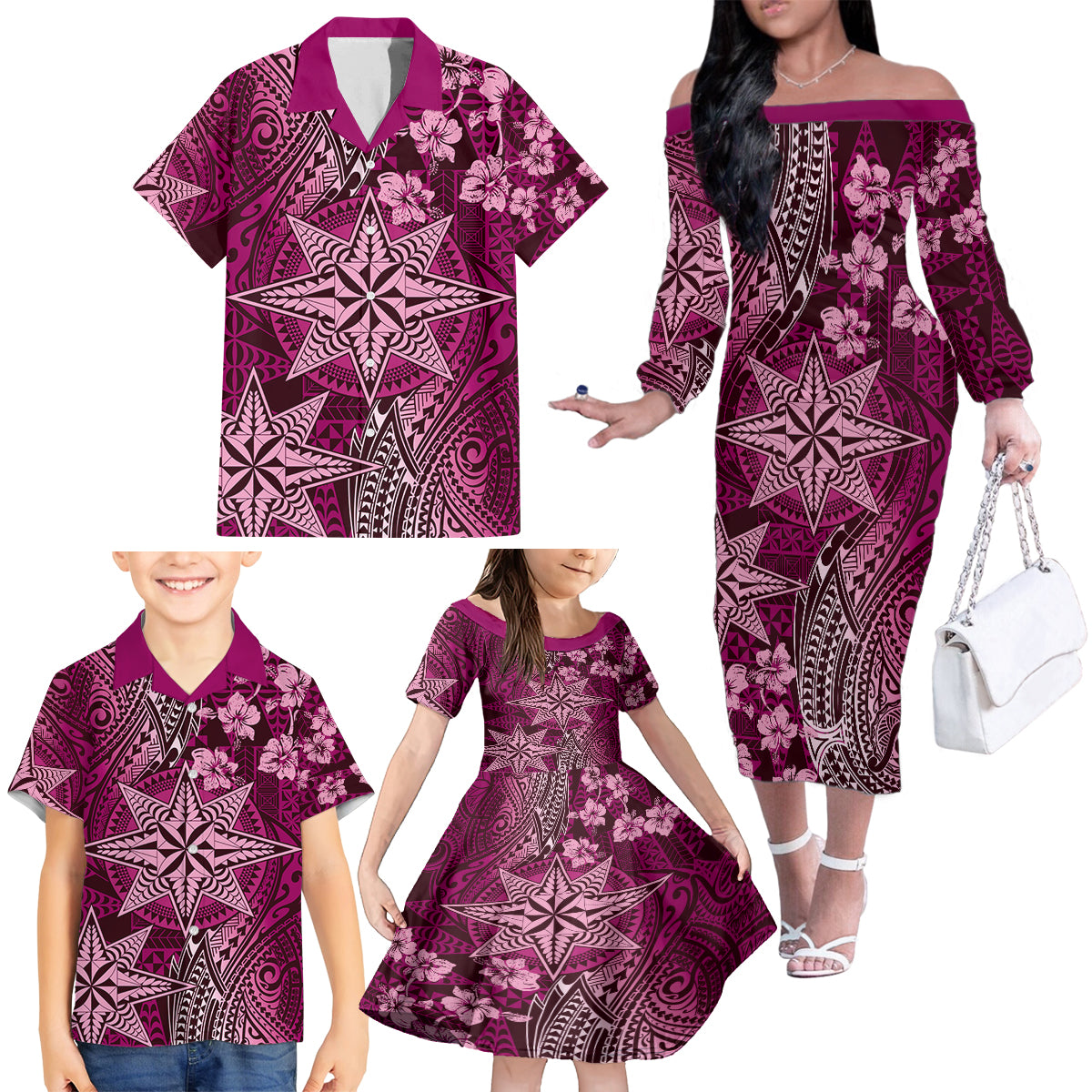 Vintage Tonga Tribal Ngatu Pattern Family Matching Off The Shoulder Long Sleeve Dress and Hawaiian Shirt With Pacific Floral Pink Art LT9 - Polynesian Pride