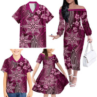 Vintage Tonga Tribal Ngatu Pattern Family Matching Off The Shoulder Long Sleeve Dress and Hawaiian Shirt With Pacific Floral Pink Art LT9 - Polynesian Pride
