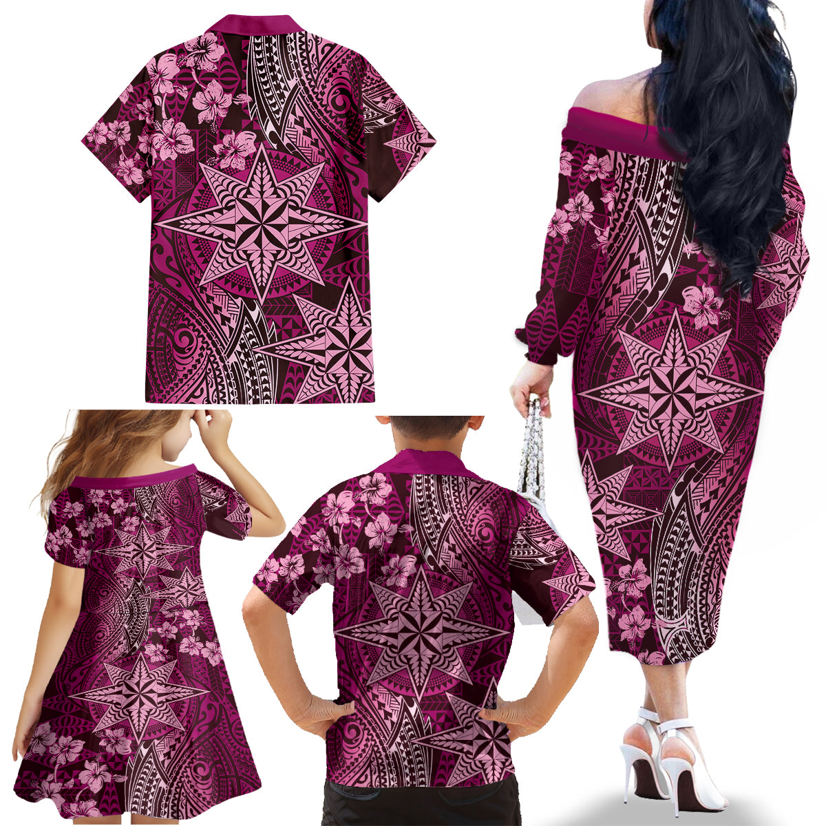 Vintage Tonga Tribal Ngatu Pattern Family Matching Off The Shoulder Long Sleeve Dress and Hawaiian Shirt With Pacific Floral Pink Art LT9 - Polynesian Pride