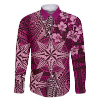 Vintage Tonga Tribal Ngatu Pattern Family Matching Off The Shoulder Long Sleeve Dress and Hawaiian Shirt With Pacific Floral Pink Art LT9 Dad's Shirt - Long Sleeve Pink - Polynesian Pride