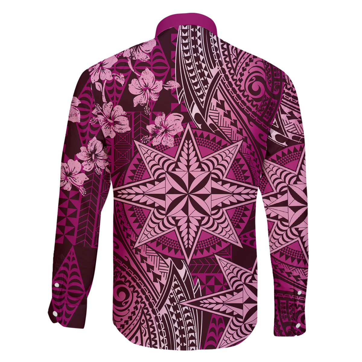 Vintage Tonga Tribal Ngatu Pattern Family Matching Off The Shoulder Long Sleeve Dress and Hawaiian Shirt With Pacific Floral Pink Art LT9 - Polynesian Pride