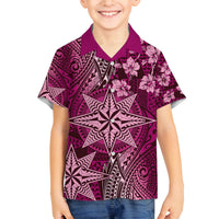 Vintage Tonga Tribal Ngatu Pattern Family Matching Off The Shoulder Long Sleeve Dress and Hawaiian Shirt With Pacific Floral Pink Art LT9 Son's Shirt Pink - Polynesian Pride