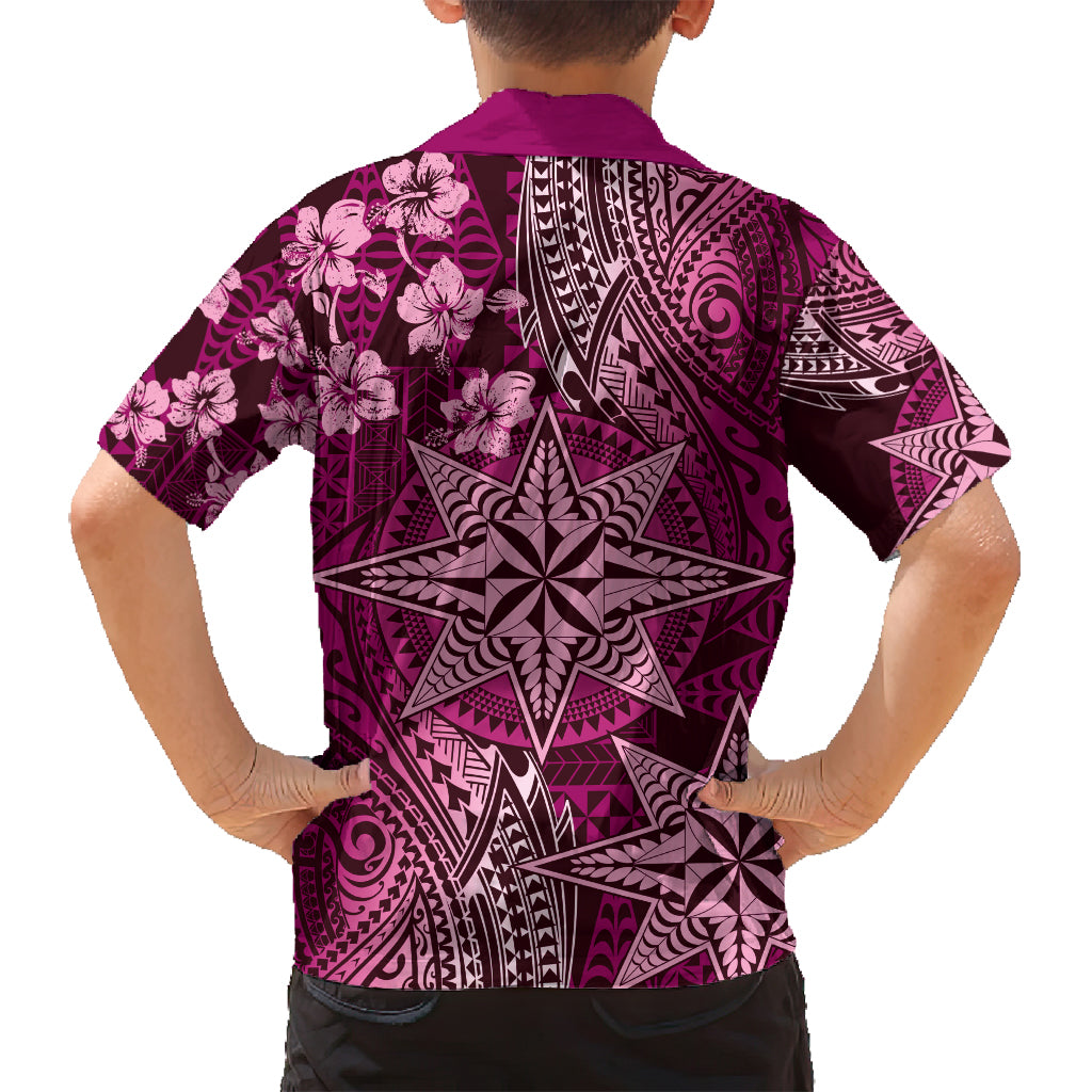 Vintage Tonga Tribal Ngatu Pattern Family Matching Off Shoulder Maxi Dress and Hawaiian Shirt With Pacific Floral Pink Art LT9 - Polynesian Pride