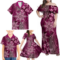 Vintage Tonga Tribal Ngatu Pattern Family Matching Off Shoulder Maxi Dress and Hawaiian Shirt With Pacific Floral Pink Art LT9 - Polynesian Pride