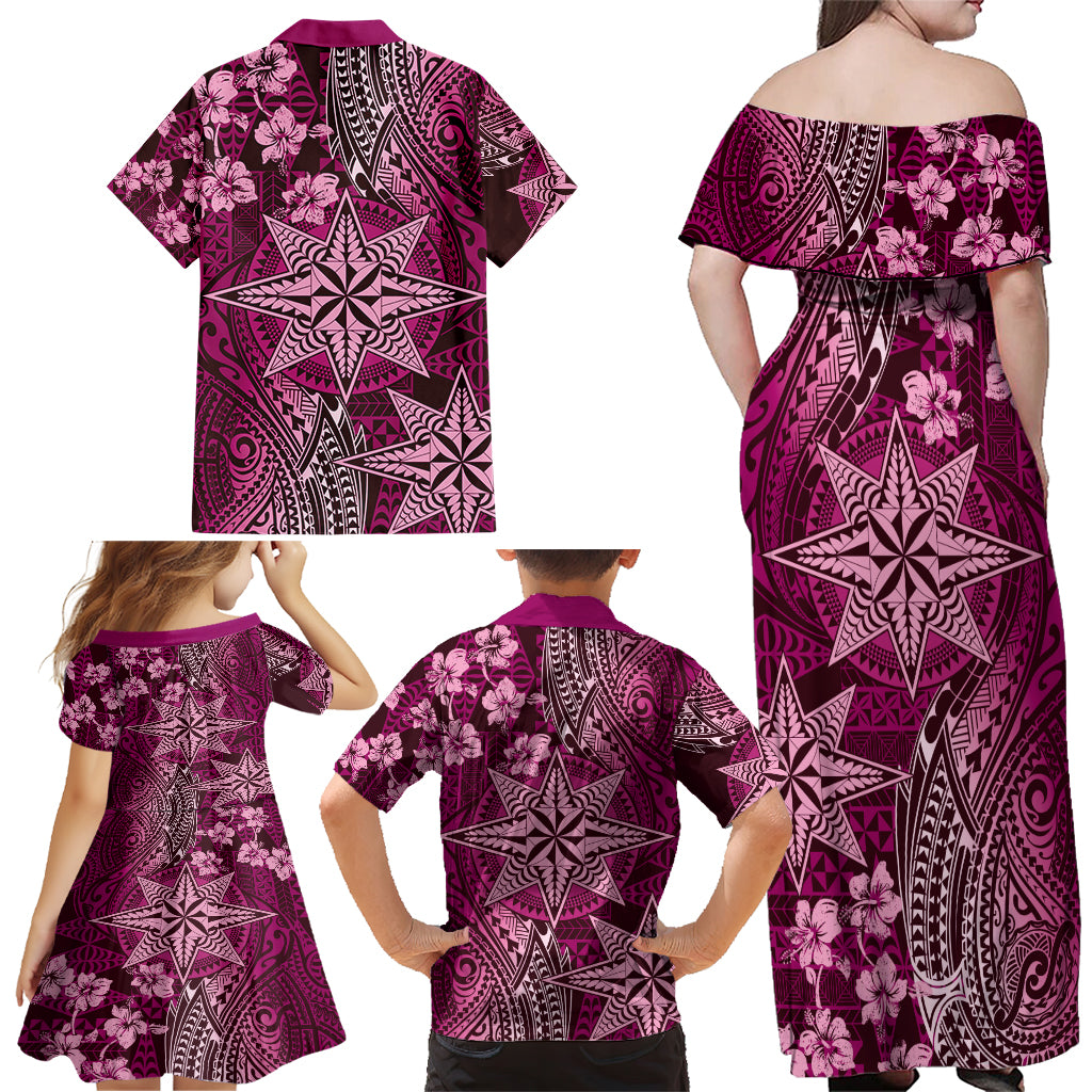 Vintage Tonga Tribal Ngatu Pattern Family Matching Off Shoulder Maxi Dress and Hawaiian Shirt With Pacific Floral Pink Art LT9 - Polynesian Pride