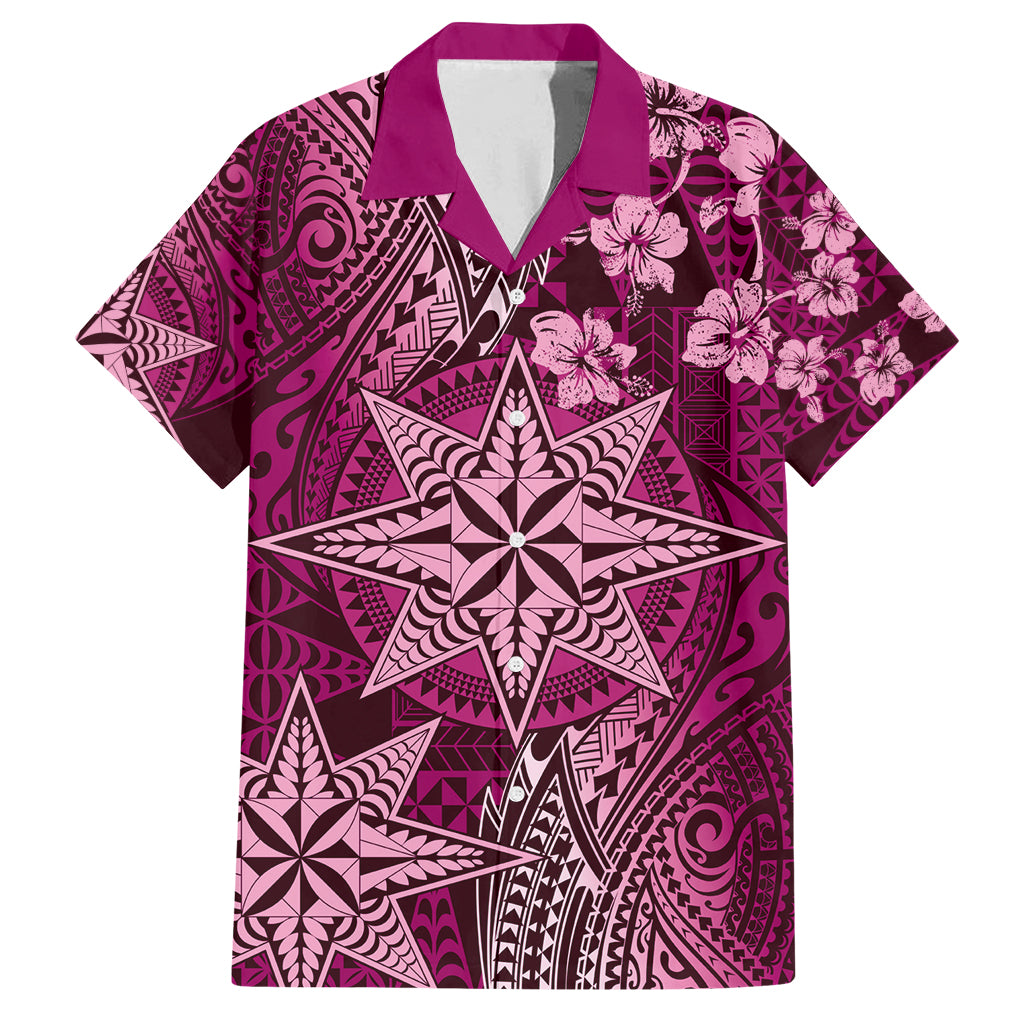 Vintage Tonga Tribal Ngatu Pattern Family Matching Off Shoulder Maxi Dress and Hawaiian Shirt With Pacific Floral Pink Art LT9 Dad's Shirt - Short Sleeve Pink - Polynesian Pride