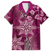 Vintage Tonga Tribal Ngatu Pattern Family Matching Off Shoulder Maxi Dress and Hawaiian Shirt With Pacific Floral Pink Art LT9 Dad's Shirt - Short Sleeve Pink - Polynesian Pride