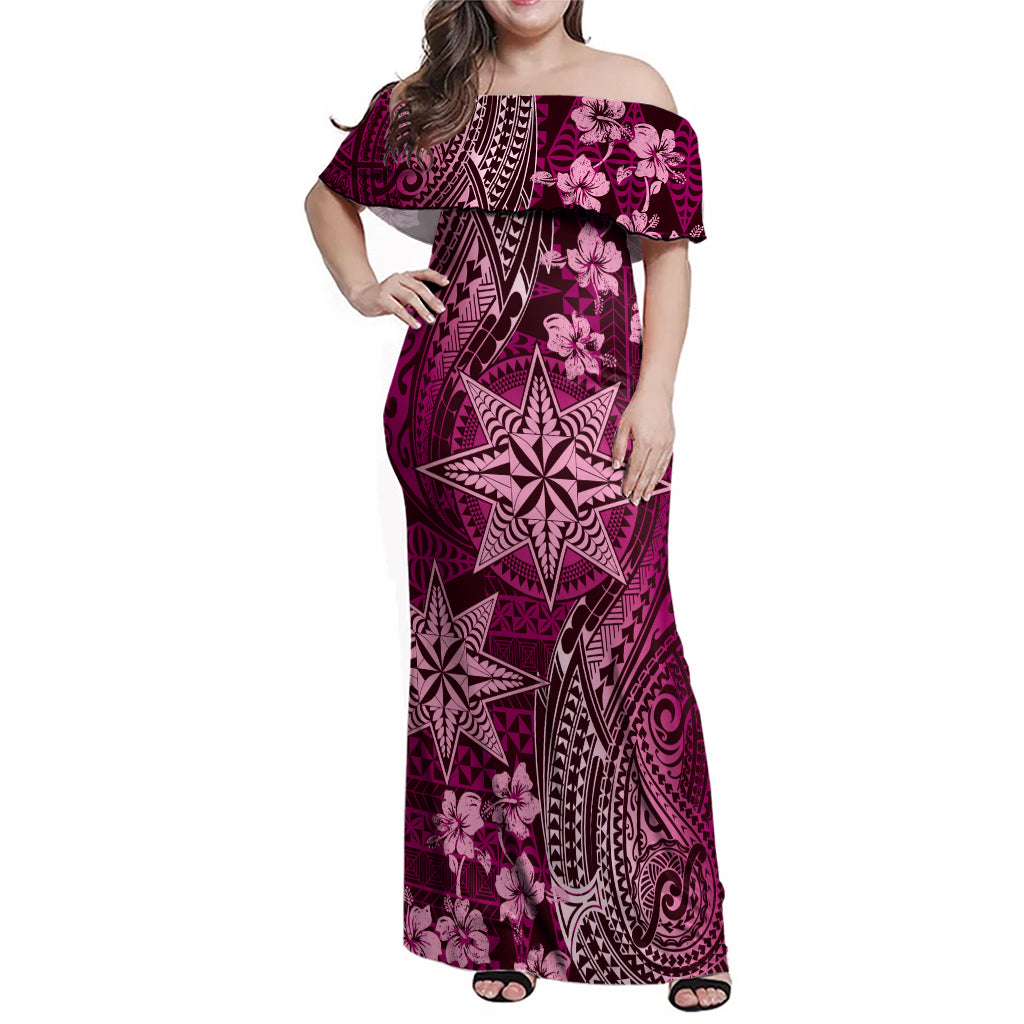 Vintage Tonga Tribal Ngatu Pattern Family Matching Off Shoulder Maxi Dress and Hawaiian Shirt With Pacific Floral Pink Art LT9 Mom's Dress Pink - Polynesian Pride