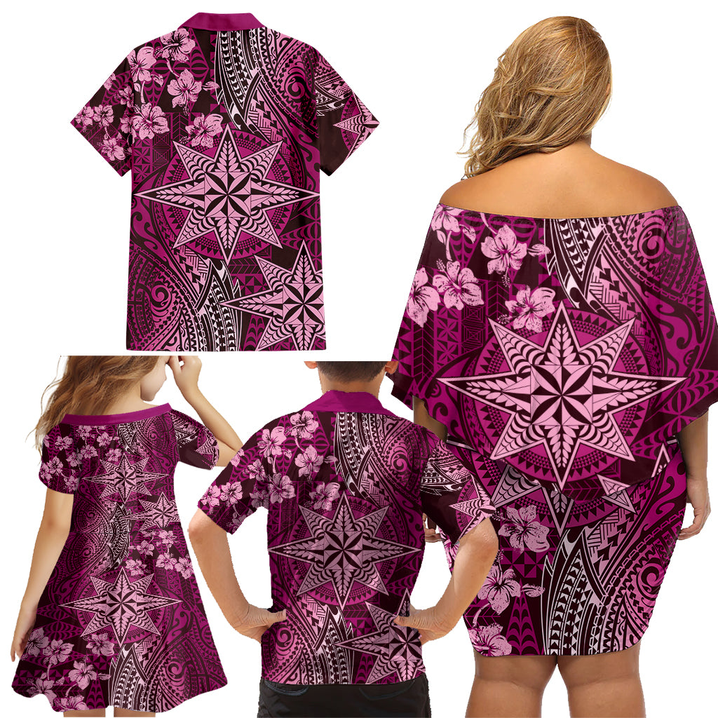 Vintage Tonga Tribal Ngatu Pattern Family Matching Off Shoulder Short Dress and Hawaiian Shirt With Pacific Floral Pink Art LT9 - Polynesian Pride