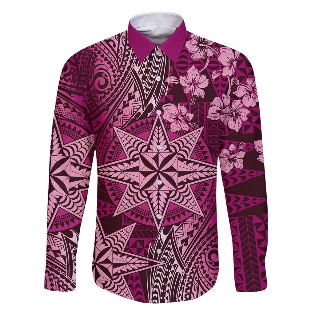 Vintage Tonga Tribal Ngatu Pattern Family Matching Off Shoulder Short Dress and Hawaiian Shirt With Pacific Floral Pink Art LT9 Dad's Shirt - Long Sleeve Pink - Polynesian Pride