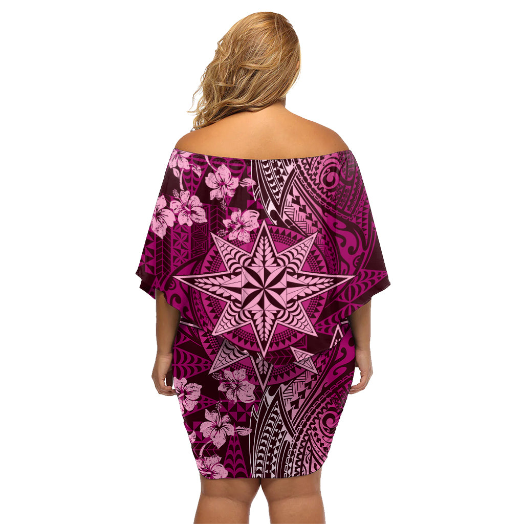 Vintage Tonga Tribal Ngatu Pattern Family Matching Off Shoulder Short Dress and Hawaiian Shirt With Pacific Floral Pink Art LT9 - Polynesian Pride