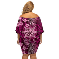 Vintage Tonga Tribal Ngatu Pattern Family Matching Off Shoulder Short Dress and Hawaiian Shirt With Pacific Floral Pink Art LT9 - Polynesian Pride