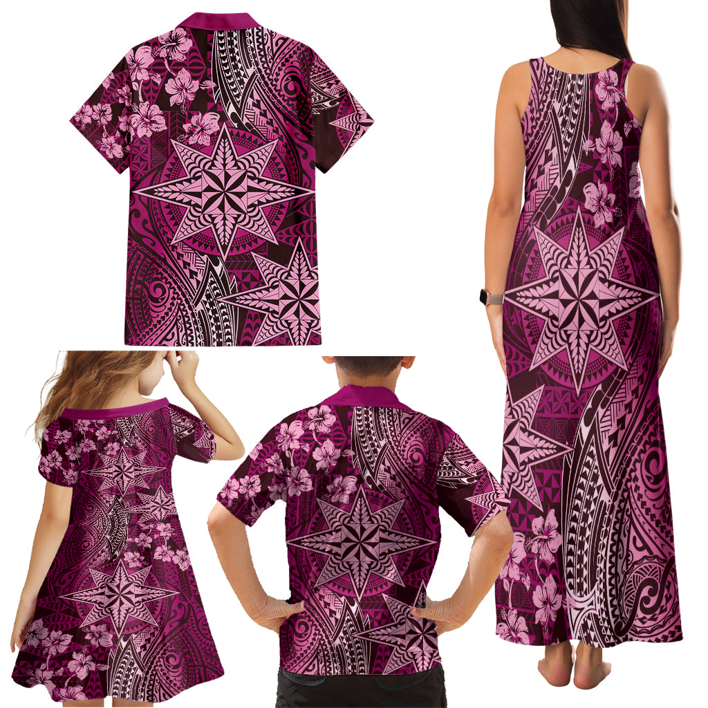 Vintage Tonga Tribal Ngatu Pattern Family Matching Tank Maxi Dress and Hawaiian Shirt With Pacific Floral Pink Art LT9 - Polynesian Pride