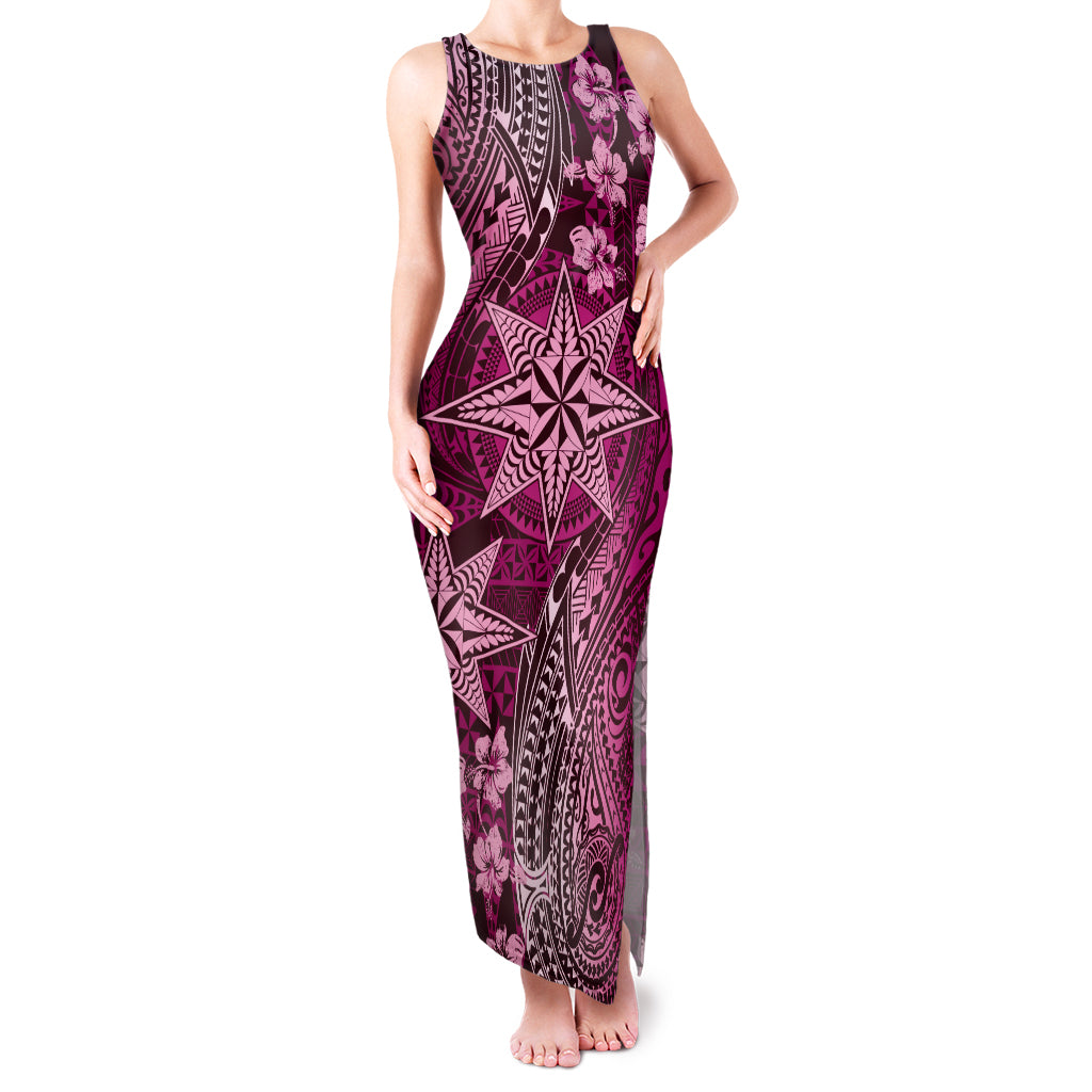Vintage Tonga Tribal Ngatu Pattern Family Matching Tank Maxi Dress and Hawaiian Shirt With Pacific Floral Pink Art LT9 Mom's Dress Pink - Polynesian Pride