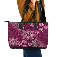 Vintage Tonga Tribal Ngatu Pattern Leather Tote Bag With Pacific Floral Pink Art