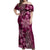 Vintage Tonga Tribal Ngatu Pattern Off Shoulder Maxi Dress With Pacific Floral Pink Art