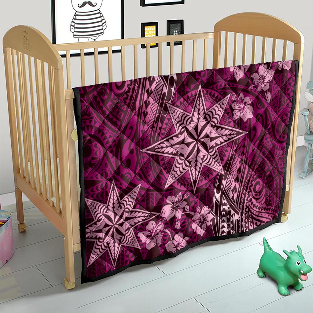 Vintage Tonga Tribal Ngatu Pattern Quilt With Pacific Floral Pink Art