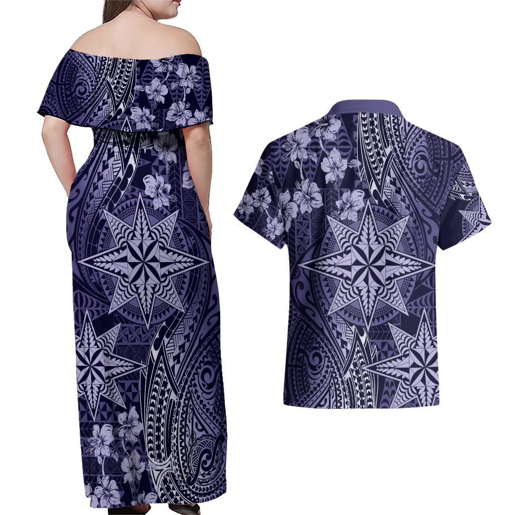 Vintage Tonga Tribal Ngatu Pattern Couples Matching Off Shoulder Maxi Dress and Hawaiian Shirt With Pacific Floral Pink Art