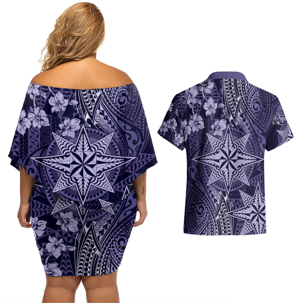 Vintage Tonga Tribal Ngatu Pattern Couples Matching Off Shoulder Short Dress and Hawaiian Shirt With Pacific Floral Pink Art