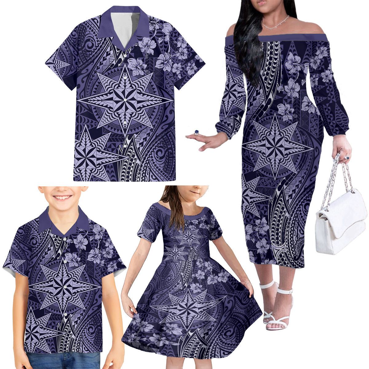 Vintage Tonga Tribal Ngatu Pattern Family Matching Off The Shoulder Long Sleeve Dress and Hawaiian Shirt With Pacific Floral Pink Art LT9 - Polynesian Pride