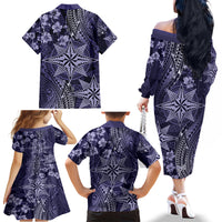 Vintage Tonga Tribal Ngatu Pattern Family Matching Off The Shoulder Long Sleeve Dress and Hawaiian Shirt With Pacific Floral Pink Art LT9 - Polynesian Pride