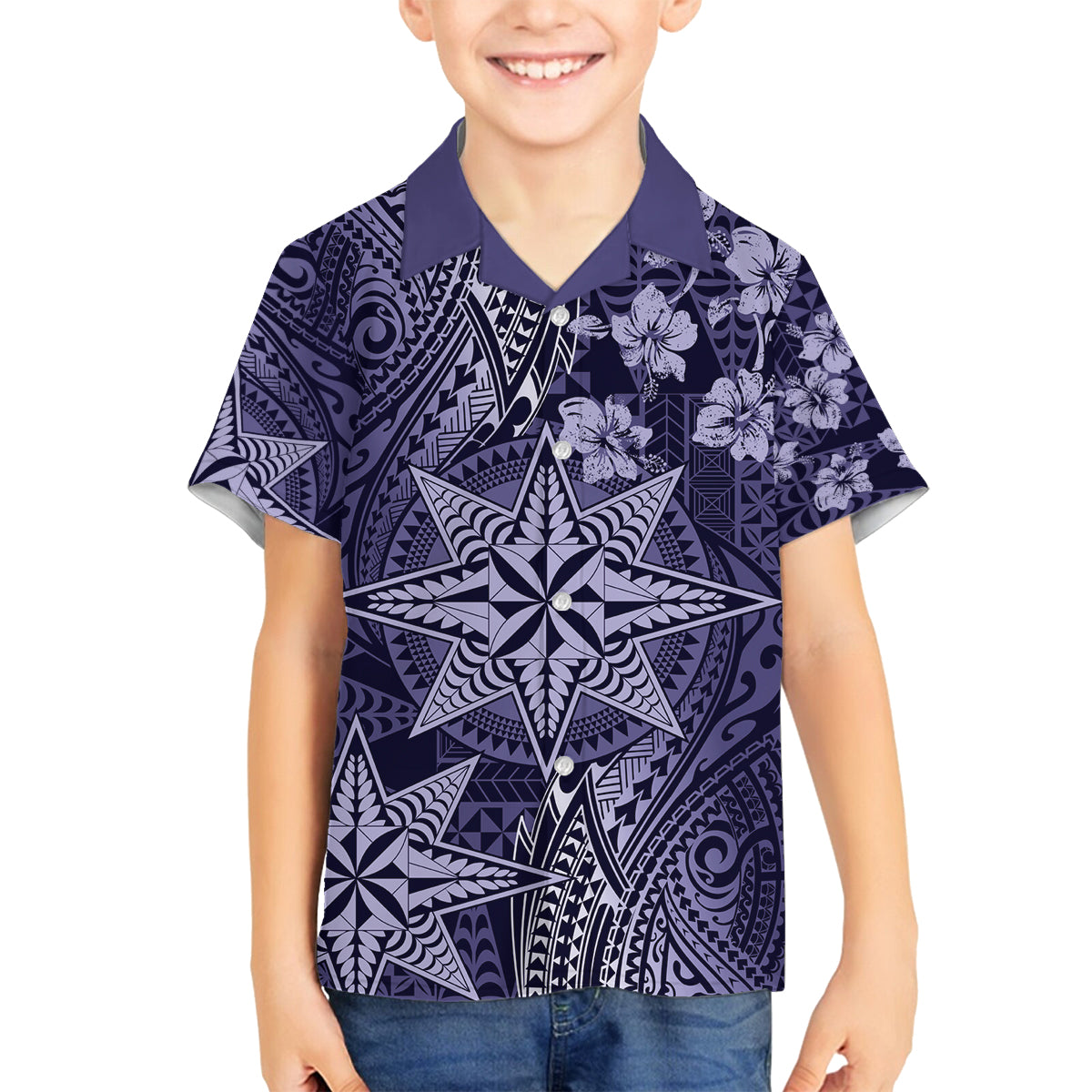 Vintage Tonga Tribal Ngatu Pattern Family Matching Off The Shoulder Long Sleeve Dress and Hawaiian Shirt With Pacific Floral Pink Art LT9 Son's Shirt Pink - Polynesian Pride