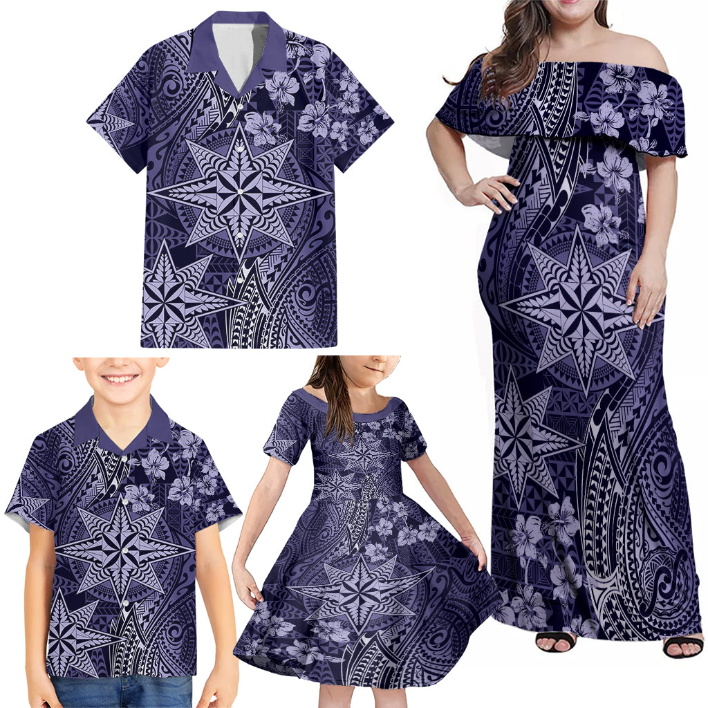 Vintage Tonga Tribal Ngatu Pattern Family Matching Off Shoulder Maxi Dress and Hawaiian Shirt With Pacific Floral Pink Art LT9 - Polynesian Pride