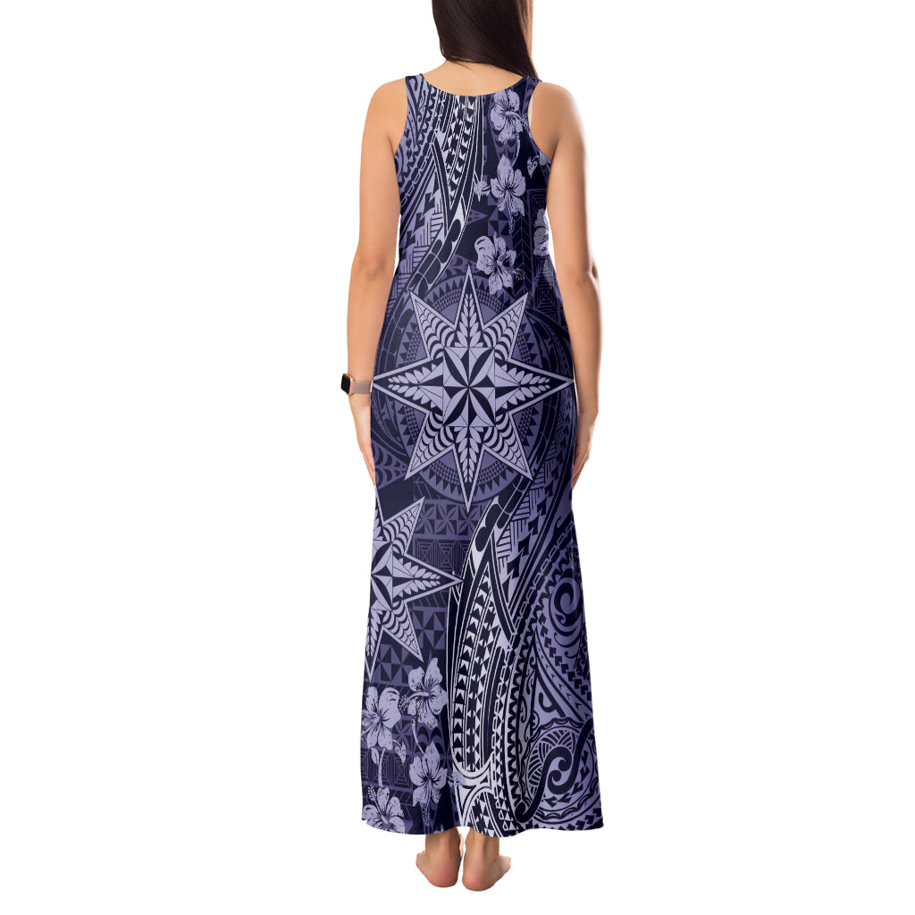 Vintage Tonga Tribal Ngatu Pattern Tank Maxi Dress With Pacific Floral Pink Art