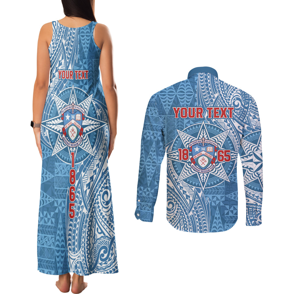 Personalised Tonga Apifo'ou College Couples Matching Tank Maxi Dress and Long Sleeve Button Shirt Since 1865 Special Kupesi Pattern