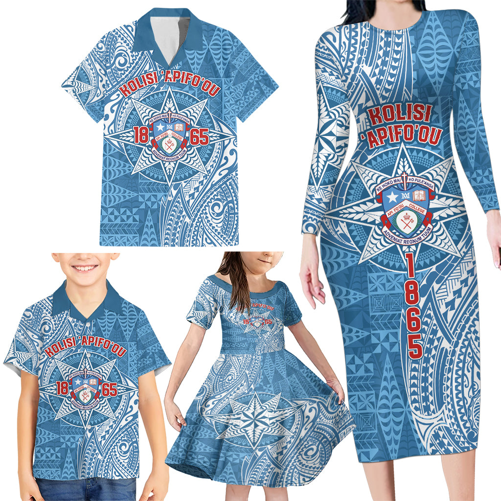 Personalised Tonga Apifo'ou College Family Matching Long Sleeve Bodycon Dress and Hawaiian Shirt Since 1865 Special Kupesi Pattern LT9 - Polynesian Pride