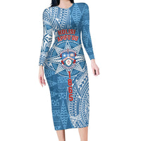 Personalised Tonga Apifo'ou College Family Matching Long Sleeve Bodycon Dress and Hawaiian Shirt Since 1865 Special Kupesi Pattern LT9 Mom's Dress Blue - Polynesian Pride