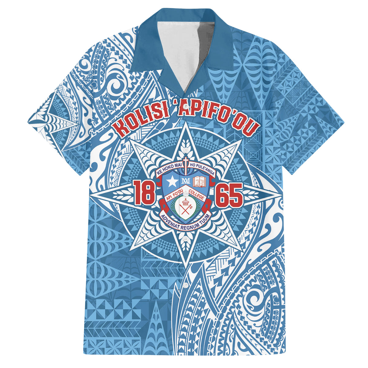 Personalised Tonga Apifo'ou College Family Matching Off The Shoulder Long Sleeve Dress and Hawaiian Shirt Since 1865 Special Kupesi Pattern LT9 Dad's Shirt - Short Sleeve Blue - Polynesian Pride