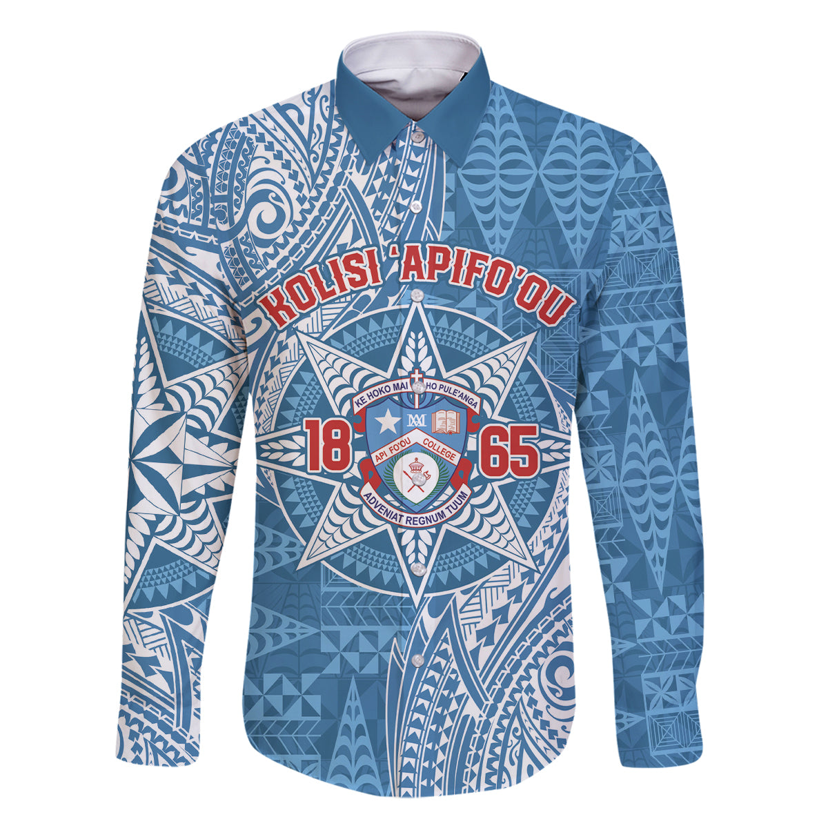 Personalised Tonga Apifo'ou College Family Matching Off The Shoulder Long Sleeve Dress and Hawaiian Shirt Since 1865 Special Kupesi Pattern LT9 Dad's Shirt - Long Sleeve Blue - Polynesian Pride