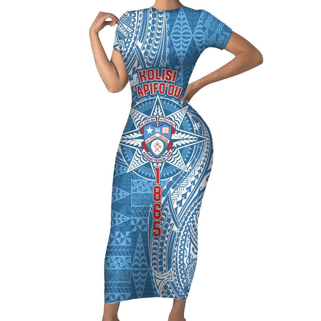 Personalised Tonga Apifo'ou College Short Sleeve Bodycon Dress Since 1865 Special Kupesi Pattern LT9 Long Dress Blue - Polynesian Pride